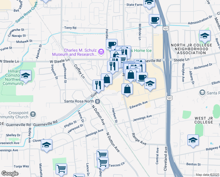 map of restaurants, bars, coffee shops, grocery stores, and more near 1440 Guerneville Road in Santa Rosa