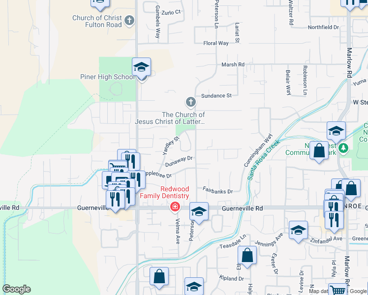 map of restaurants, bars, coffee shops, grocery stores, and more near 1544 Yardley Street in Santa Rosa