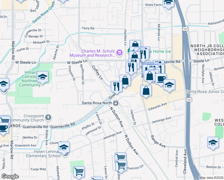 map of restaurants, bars, coffee shops, grocery stores, and more near 2519 Coffey Lane in Santa Rosa