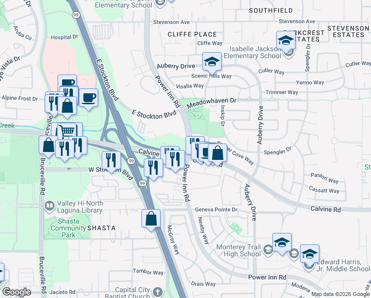 map of restaurants, bars, coffee shops, grocery stores, and more near 5002 Power Inn Road in Sacramento
