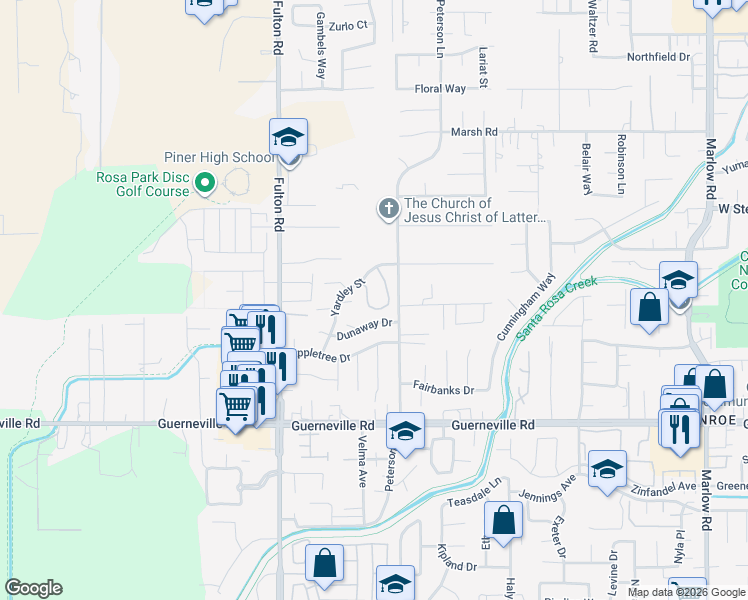 map of restaurants, bars, coffee shops, grocery stores, and more near 1544 Yardley Street in Santa Rosa