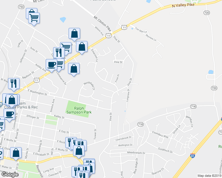 map of restaurants, bars, coffee shops, grocery stores, and more near 353 Emerson Lane in Harrisonburg