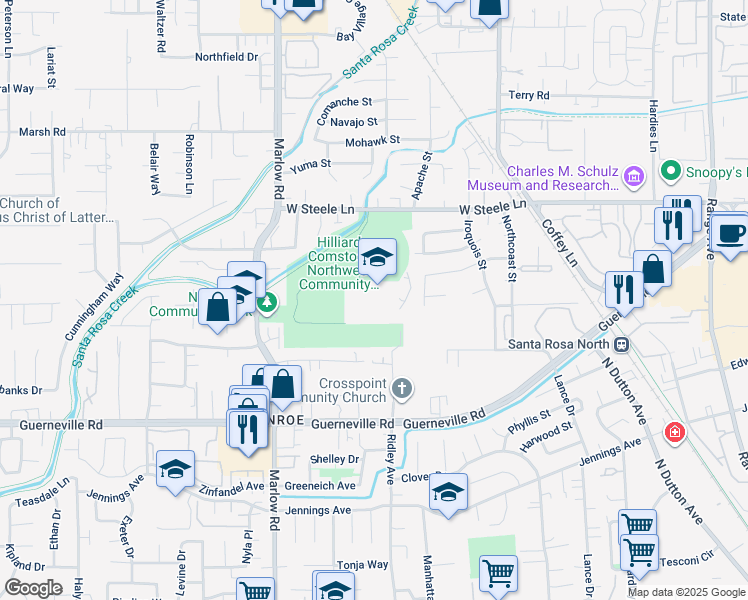 map of restaurants, bars, coffee shops, grocery stores, and more near 2760 West Steele Lane in Santa Rosa