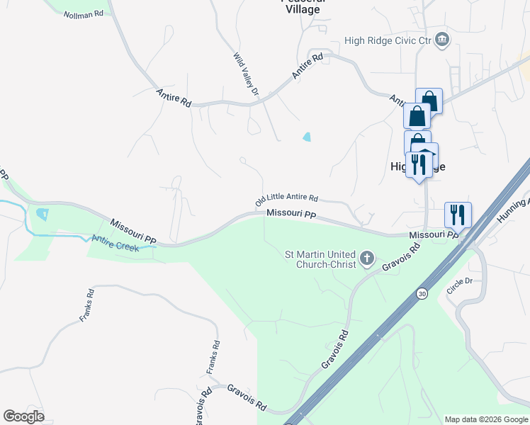 map of restaurants, bars, coffee shops, grocery stores, and more near 5898 PP in High Ridge