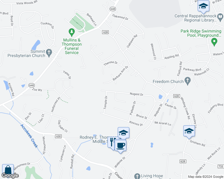 map of restaurants, bars, coffee shops, grocery stores, and more near 58 Nugent Drive in Stafford