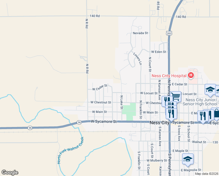 map of restaurants, bars, coffee shops, grocery stores, and more near West Cedar Street in Ness City