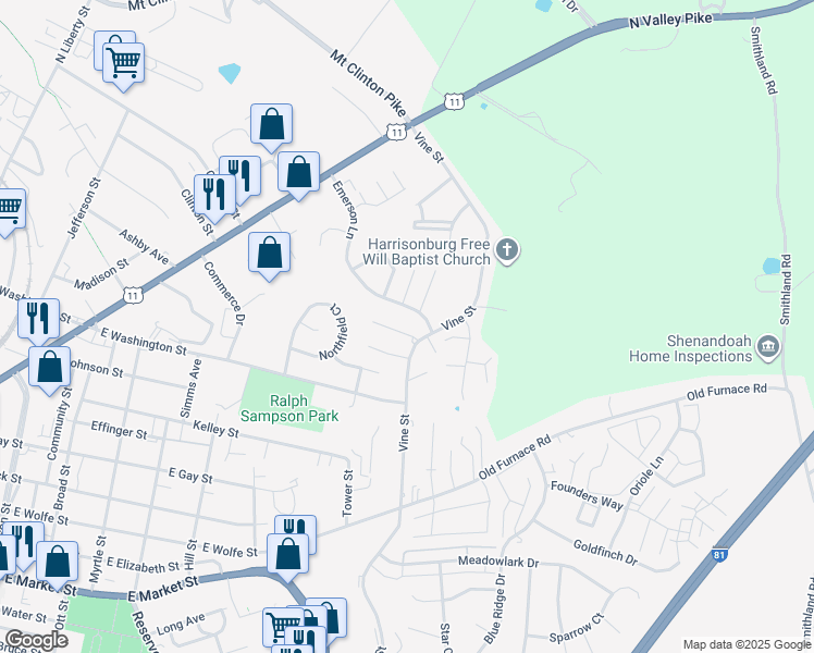 map of restaurants, bars, coffee shops, grocery stores, and more near 353 Emerson Lane in Harrisonburg