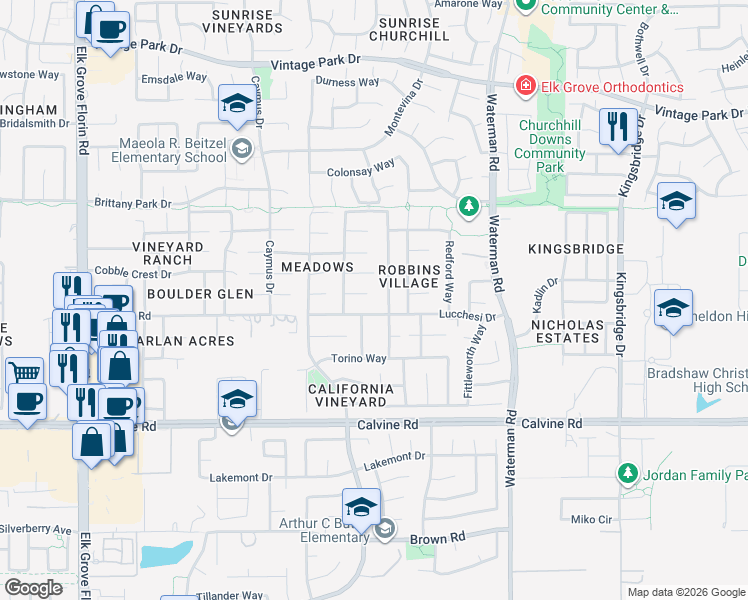 map of restaurants, bars, coffee shops, grocery stores, and more near 9168 Warrington Court in Sacramento