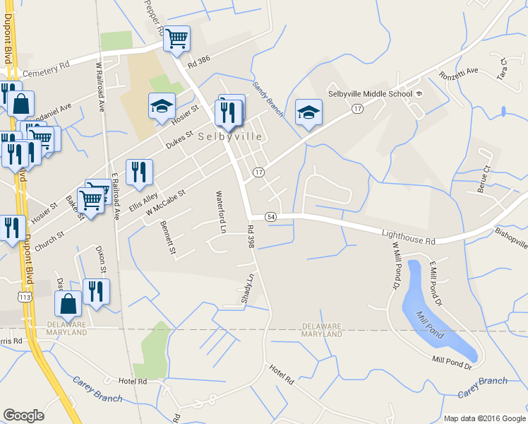map of restaurants, bars, coffee shops, grocery stores, and more near 5 Lighthouse Road in Selbyville