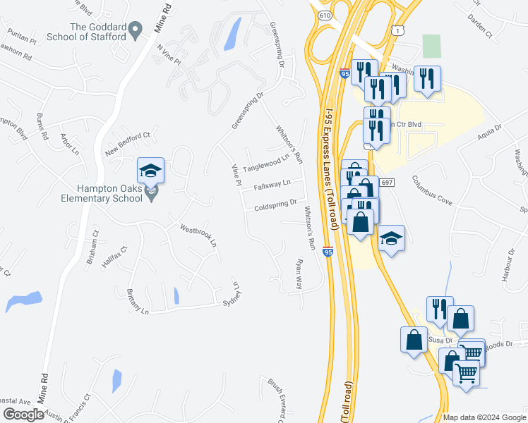 map of restaurants, bars, coffee shops, grocery stores, and more near 216 Coldspring Drive in Stafford