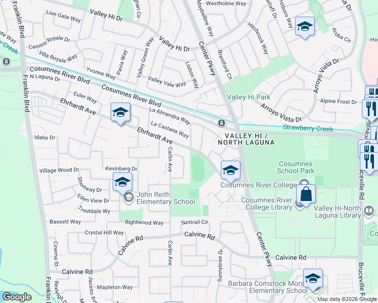 map of restaurants, bars, coffee shops, grocery stores, and more near 6120 Ehrhardt Avenue in Sacramento