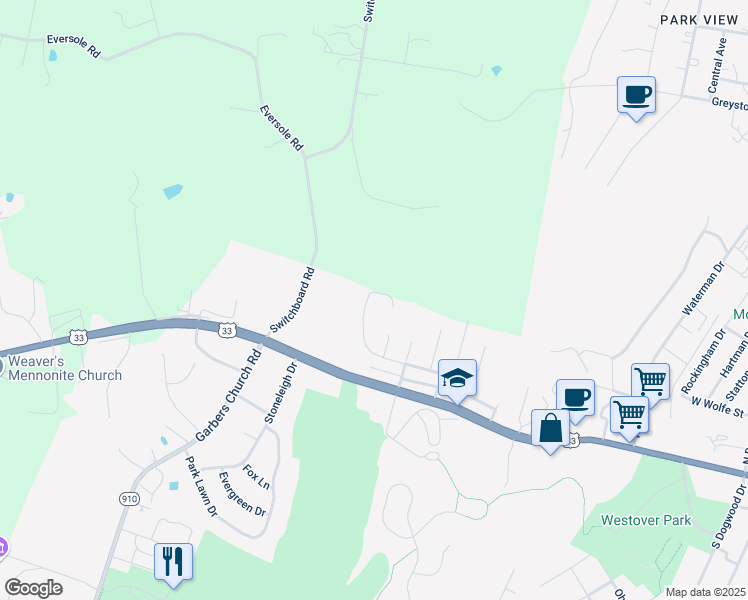 map of restaurants, bars, coffee shops, grocery stores, and more near 1840 Shenstone Drive in Harrisonburg