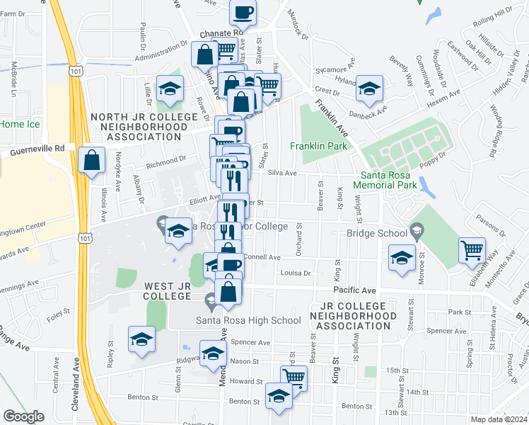 map of restaurants, bars, coffee shops, grocery stores, and more near 627 Carr Avenue in Santa Rosa