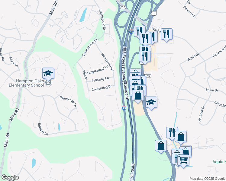 map of restaurants, bars, coffee shops, grocery stores, and more near 219 Whitson's Run in Stafford
