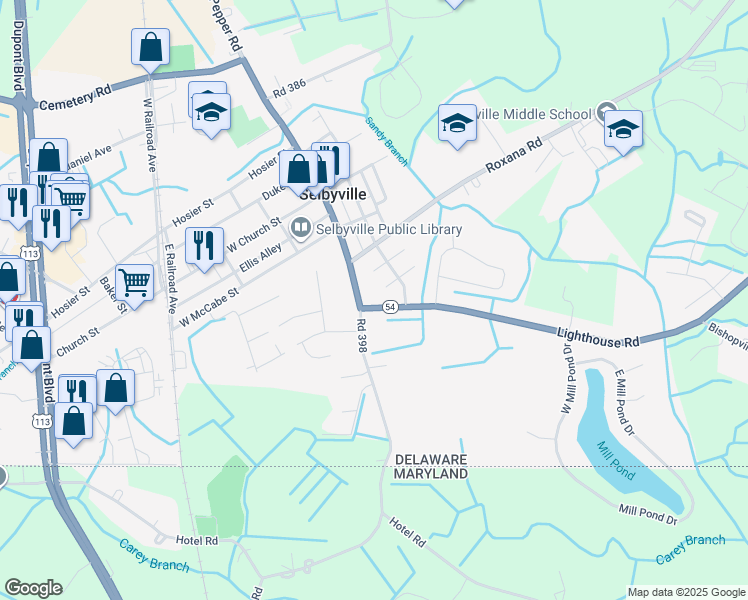 map of restaurants, bars, coffee shops, grocery stores, and more near 3 Delaware 54 in Selbyville