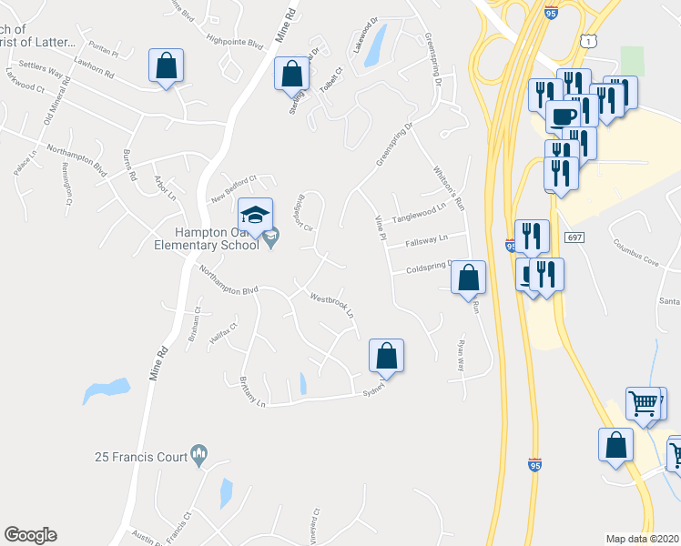 map of restaurants, bars, coffee shops, grocery stores, and more near 8 Eastbrook Court in Stafford