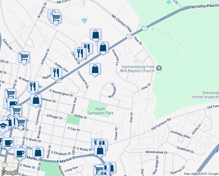 map of restaurants, bars, coffee shops, grocery stores, and more near 412 Glenfield Court in Harrisonburg