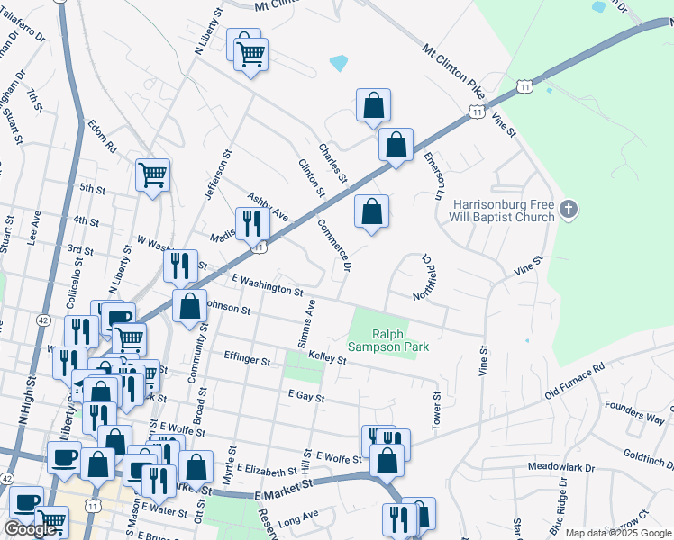 map of restaurants, bars, coffee shops, grocery stores, and more near 241 Commerce Drive in Harrisonburg