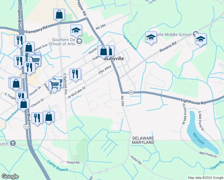 map of restaurants, bars, coffee shops, grocery stores, and more near 9 Waterford Lane in Selbyville