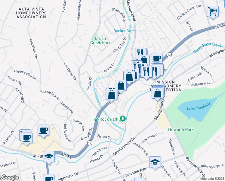 map of restaurants, bars, coffee shops, grocery stores, and more near 22 Tiffany Place in Santa Rosa