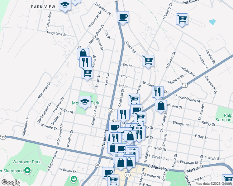 map of restaurants, bars, coffee shops, grocery stores, and more near 619 Collicello Street in Harrisonburg