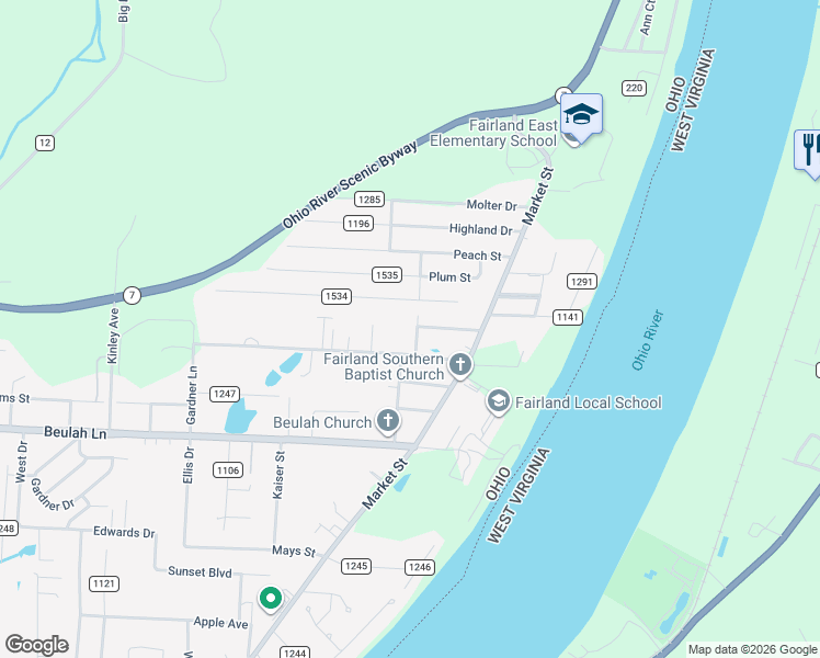 map of restaurants, bars, coffee shops, grocery stores, and more near 55 Township Road 1136 in Proctorville