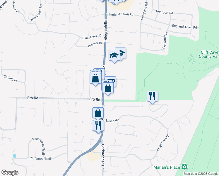 map of restaurants, bars, coffee shops, grocery stores, and more near 6050 Telegraph Road in St. Louis
