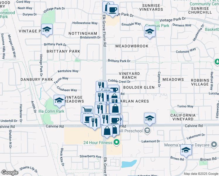 map of restaurants, bars, coffee shops, grocery stores, and more near 8927 Great Rock Circle in Sacramento