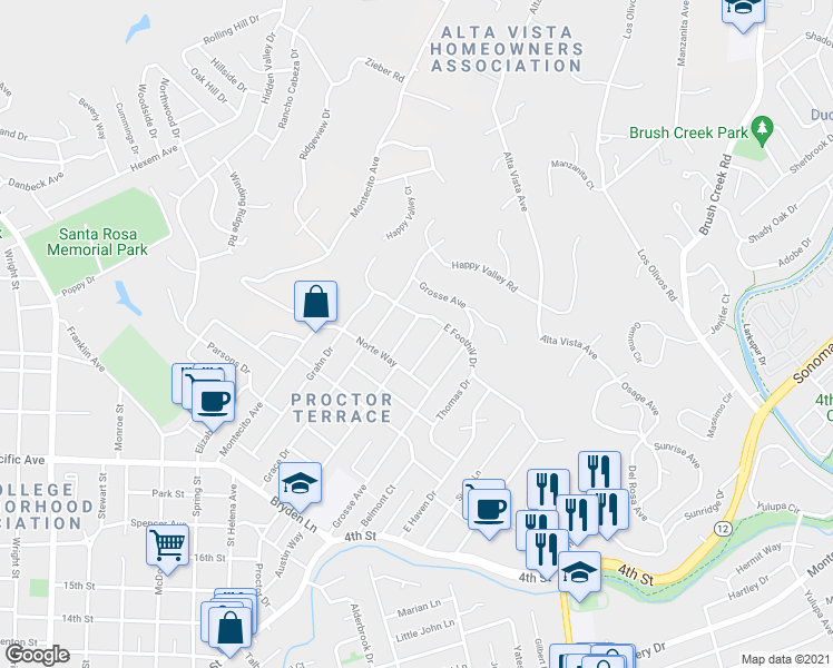 map of restaurants, bars, coffee shops, grocery stores, and more near 2422 Mendota Way in Santa Rosa
