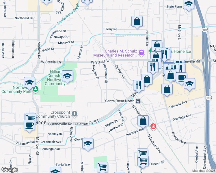 map of restaurants, bars, coffee shops, grocery stores, and more near 19 Northcoast Street in Santa Rosa