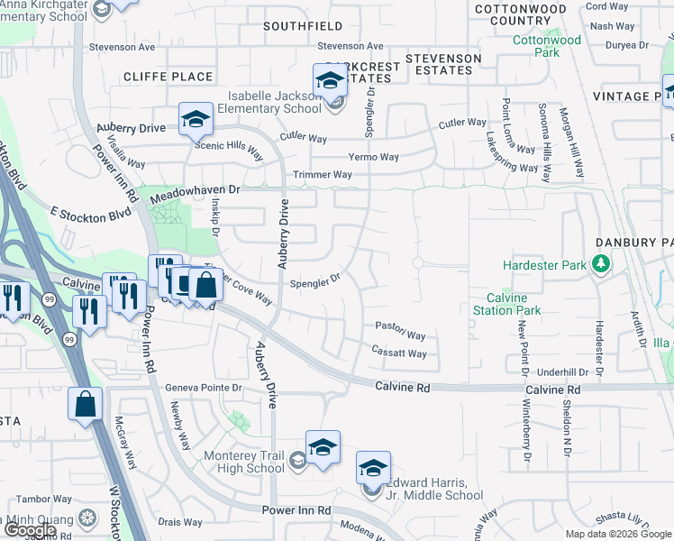 map of restaurants, bars, coffee shops, grocery stores, and more near 8278 Spengler Drive in Sacramento