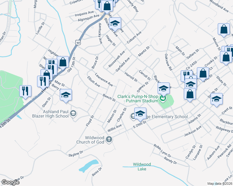 map of restaurants, bars, coffee shops, grocery stores, and more near 2920 Ranch Road in Ashland