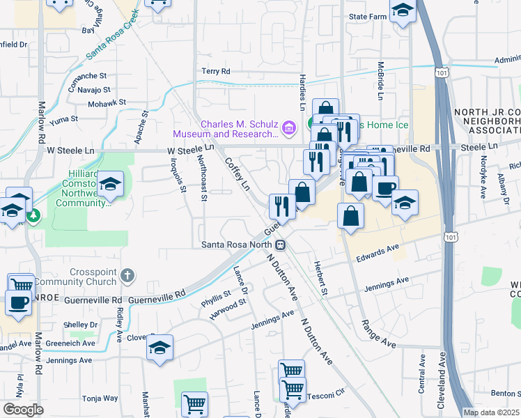 map of restaurants, bars, coffee shops, grocery stores, and more near 2601 Coffey Lane in Santa Rosa