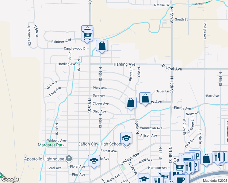 map of restaurants, bars, coffee shops, grocery stores, and more near 1022 Phay Ave in Cañon City
