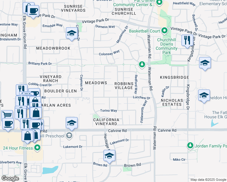map of restaurants, bars, coffee shops, grocery stores, and more near 9168 Warrington Court in Sacramento