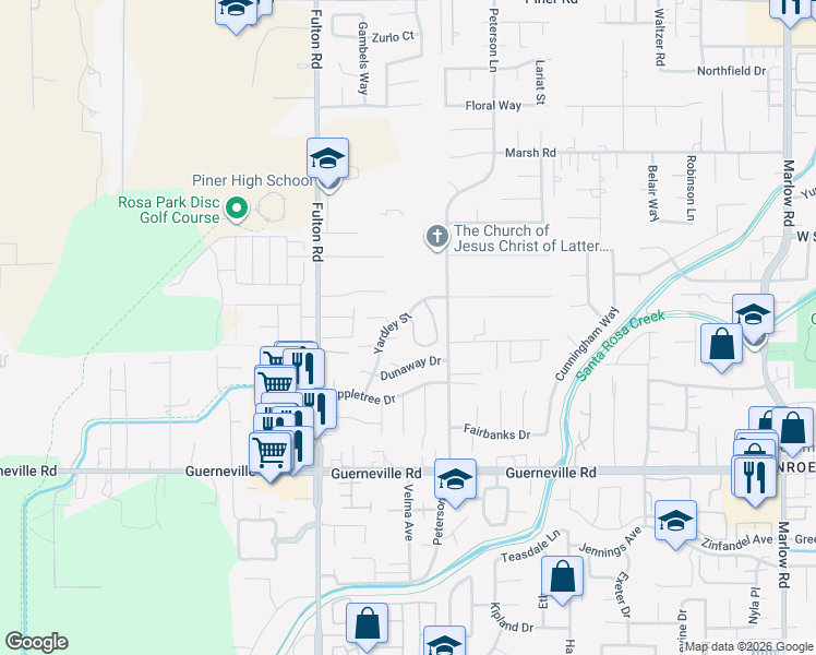 map of restaurants, bars, coffee shops, grocery stores, and more near 1544 Yardley St in Santa Rosa