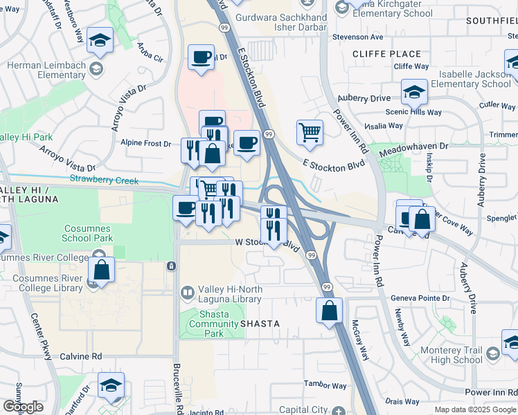 map of restaurants, bars, coffee shops, grocery stores, and more near 7726 Calvine Road in Sacramento