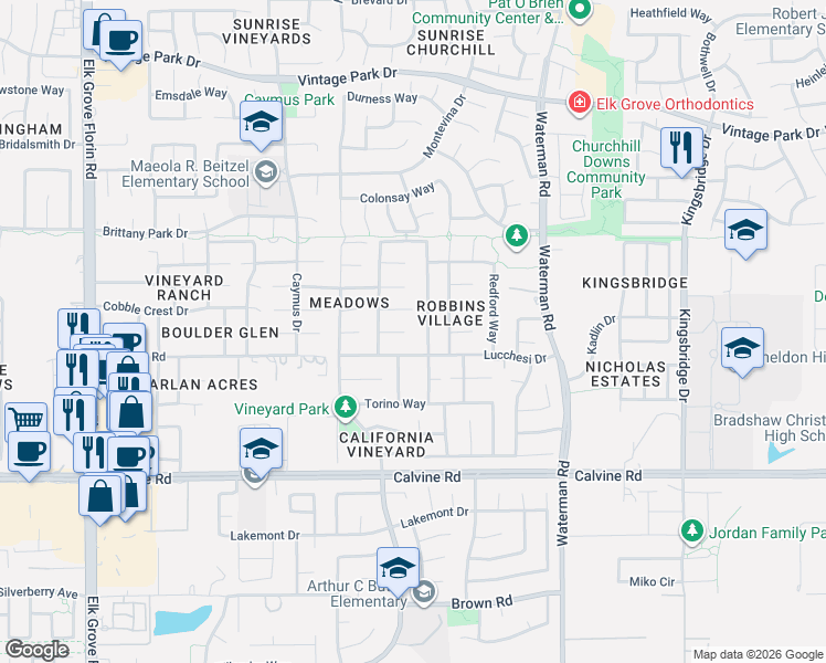 map of restaurants, bars, coffee shops, grocery stores, and more near 9168 Warrington Court in Sacramento