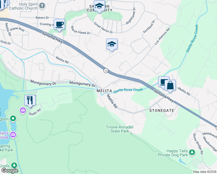 map of restaurants, bars, coffee shops, grocery stores, and more near 5855 Melita Road in Santa Rosa