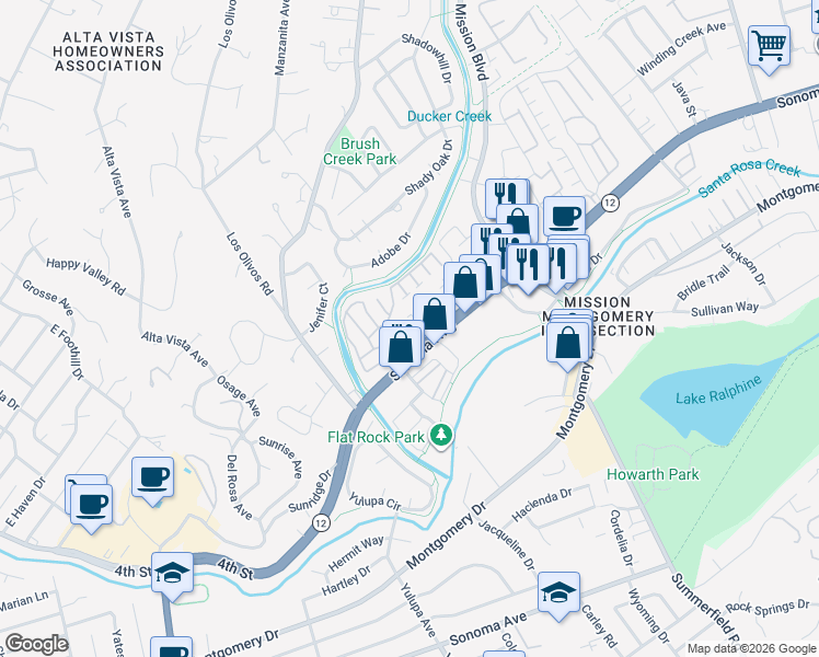 map of restaurants, bars, coffee shops, grocery stores, and more near 22 Tiffany Place in Santa Rosa