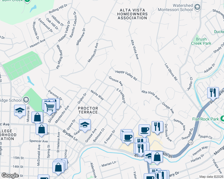 map of restaurants, bars, coffee shops, grocery stores, and more near 2422 Mendota Way in Santa Rosa