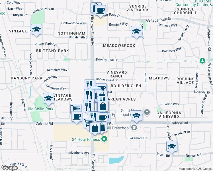 map of restaurants, bars, coffee shops, grocery stores, and more near 8277 Red Rock Drive in Sacramento