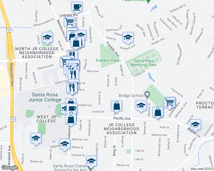 map of restaurants, bars, coffee shops, grocery stores, and more near 1725 Beaver Street in Santa Rosa