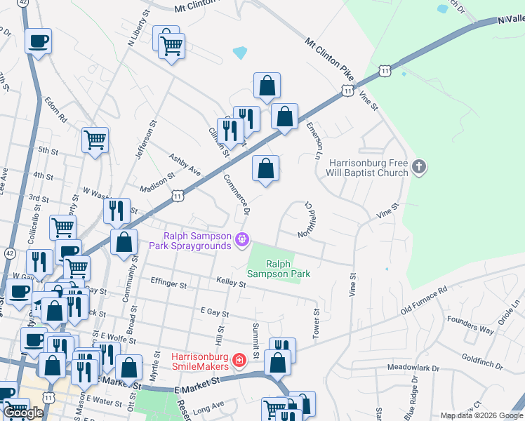 map of restaurants, bars, coffee shops, grocery stores, and more near 1012 Commercial Court in Harrisonburg