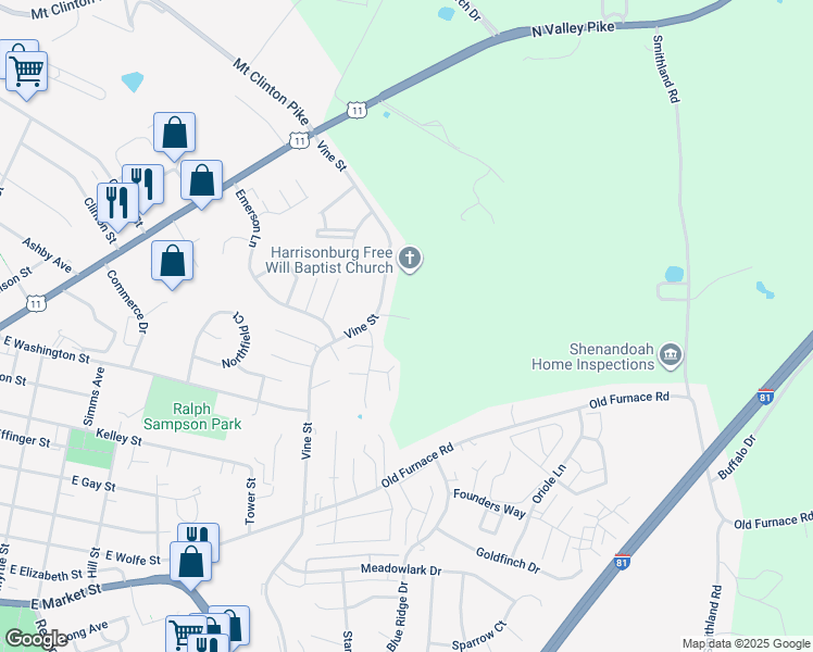 map of restaurants, bars, coffee shops, grocery stores, and more near 466 Leslie Court in Harrisonburg