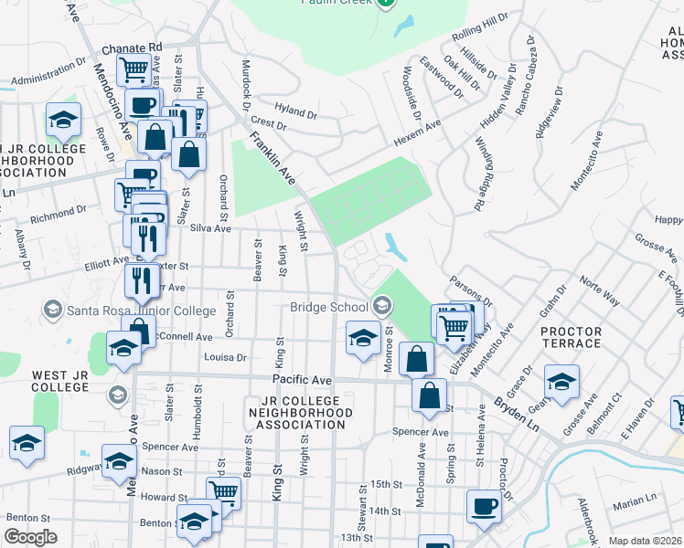 map of restaurants, bars, coffee shops, grocery stores, and more near 1733 Franklin Avenue in Santa Rosa