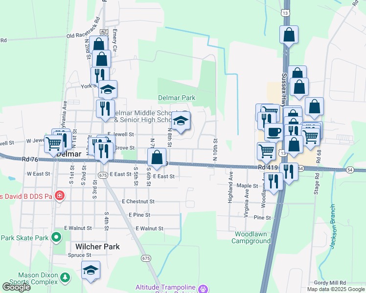 map of restaurants, bars, coffee shops, grocery stores, and more near 809 East Grove Street in Delmar