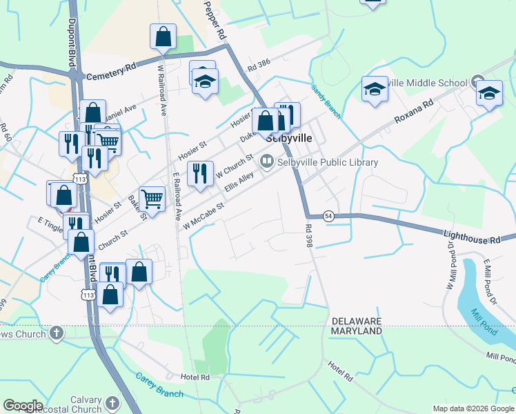 map of restaurants, bars, coffee shops, grocery stores, and more near 10 Waterford Lane in Selbyville