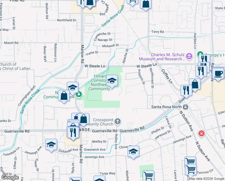 map of restaurants, bars, coffee shops, grocery stores, and more near 2750 West Steele Lane in Santa Rosa