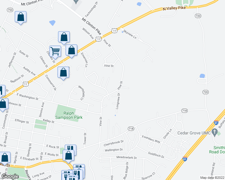 map of restaurants, bars, coffee shops, grocery stores, and more near 470 Vine Street in Harrisonburg